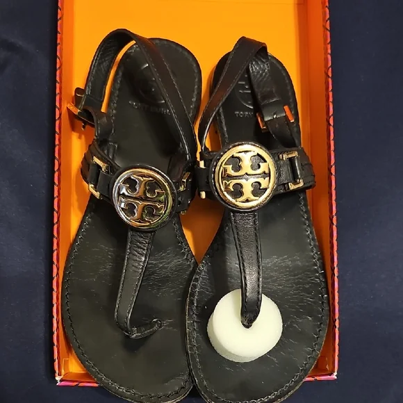 Tory Burch Black Sandals with Gold Emblem - Picture 1 of 8